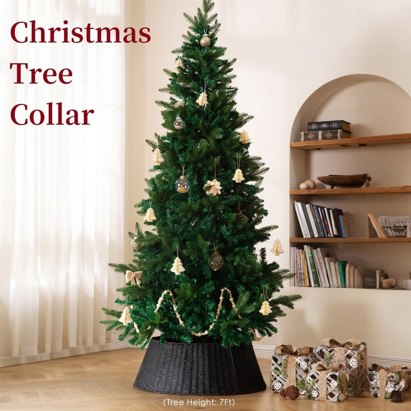 Deerher Rustic Farmhouse Christmas Tree Collar - 28Inch Woven Wicker Tree Base Stand Cover for Artificial Trees - Holiday Decoration Ring Skirt Basket for 6ft 7.5ft 9ft Tree, Natural & Stable(Black) - Image 3